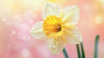 Macro shot of a delicate daffodil flower adorned with beautiful, glistening rain drops on its soft petals. photo