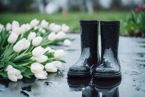 A pair of black glossy rubber rain boots with fresh raindrops, placed on a rain-soaked pavement. Delicate white tulips bloom around the boots. photo