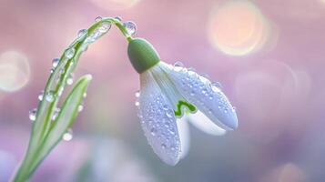 Macro shot of a tender snowdrop flower adorned with beautiful rain drops on its soft petals. photo