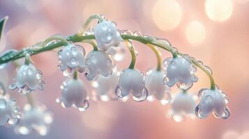 Macro shot of a beautiful lily of the valley flower adorned with beautiful rain drops on its soft petals. photo