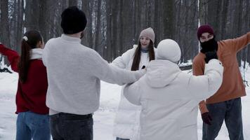 Group of friends and their families meet at ice rink. They are happy to see each other, wave and hug, and start conversation while skating on ice in winter. video