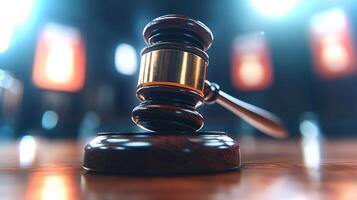 A gavel rests on a wooden surface, symbolizing justice and the legal system, in a contemporary courtroom setting illuminated by soft lighting. photo