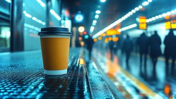 A takeaway coffee cup rests on a wet surface while commuters move through a busy subway station illuminated by bright lights. photo