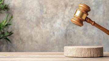 wooden judge gavel striking sound block symbolizes justice and authority photo