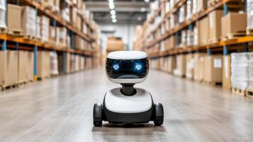 Automated warehouse robot moving inventory between shelves in storage facility photo