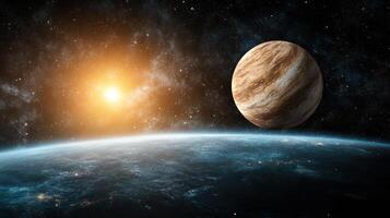 stunning view of distant planet with glowing sun in space photo