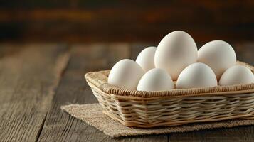 Freshly laid eggs in woven basket on rustic wooden table photo