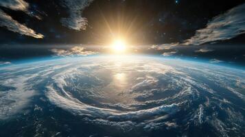 breathtaking view of Earth from space, showcasing sunrise over horizon, with clouds and stars photo