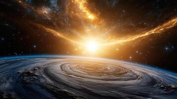 stunning visualization of swirling galaxy with bright sun photo