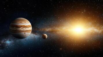 stunning visualization of Jupiter and its moon against cosmic backdrop photo