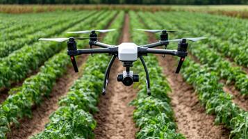 High tech drone flying over green agricultural field, showcasing innovation photo