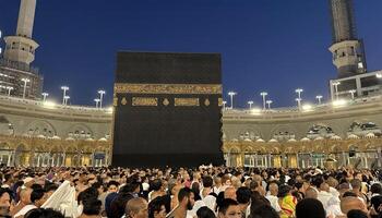MECCA, SAUDI ARABIA - MAY 02 2024. View on Kaaba from second floor of Masjid Al Haram through some new constructions building around the masjid. High quality photo
