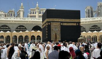 MECCA, SAUDI ARABIA - MAY 02 2024. View on Kaaba from second floor of Masjid Al Haram through some new constructions building around the masjid. High quality photo