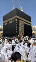 MECCA, SAUDI ARABIA - MAY 02 2024. View on Kaaba from second floor of Masjid Al Haram through some new constructions building around the masjid. High quality photo