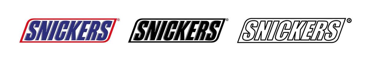 Most popular candy sweets logos Snickers. Editorial realistic brand logotype collection vector