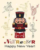 Christmas illustration card with Nutcracker on a ballet background New year illustration. vector