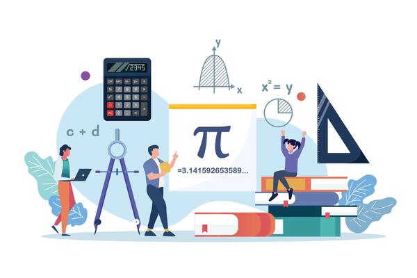 Mathematics scene with miniature people