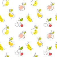 Fruits seamless pattern in one continuous line drawing style with colored spots. Summer fruits seamless pattern with banana, lemon, peach, pear, cherries. Perfect for clothing, textile etc vector