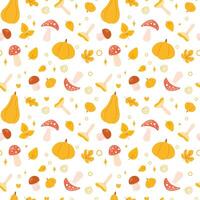 Autumn seamless pattern with autumn seasonal elements - pumpkin, leaves, mushrooms. Fall seamless pattern. Perfect for textile, fabric, packaging, wrapping paper, wallpaper, background etc vector