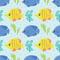 Seamless pattern with cute reef fish and corals. Funny multicolor background, marine texture. Modern illustration vector