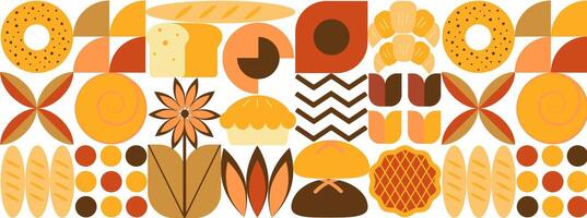 Bakery bread pattern abstract. Pastries and dessert in trendy geometric style - seamless pattern with icons related to bakery, cafe vector