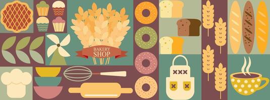 Abstract geometric pattern of Bauhaus. Pastries and dessert in trendy geometric style pattern with icons related to bakery, cafe, cupcakes and templates vector