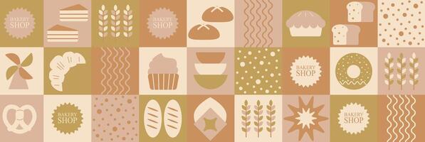 Abstract bakery menu background with line drawing. Geometric Bauhaus bread, a pattern shapes and designs vector