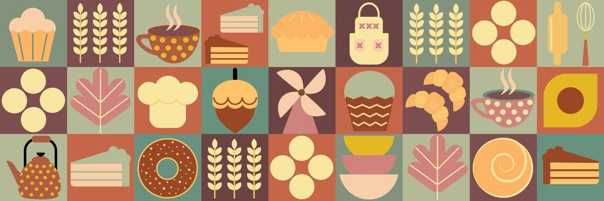 Bakery bread pattern. Pastries and dessert in geometric style pattern with icons related to bakery, cafe, cupcakes and templates