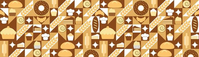 Abstract bakery menu background with line drawing. Geometric pattern Bauhaus bread, croissant, donut. a brown and white pattern vector