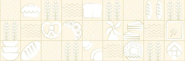 Menu background with line drawing. Geometric pattern Bauhaus bread, croissant, donut. Bakery line vector