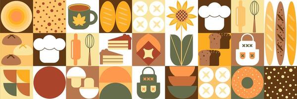 Bakery bread pattern. Abstract geometric pattern of Bauhaus. Pastries and dessert in trendy geometric pattern with icons related to bakery, cafe, cupcakes and templates vector