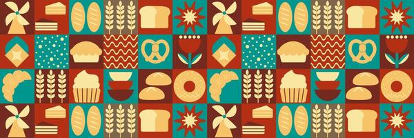 Abstract bakery menu background with line drawing. Geometric pattern Bauhaus bread, croissant. a colorful pattern with vector