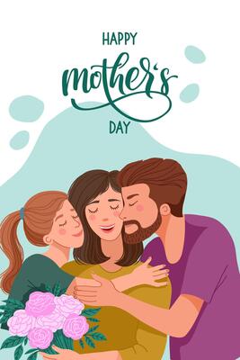 Mothers Day vertical card with happy family, daughter and father congratulate the mother on the holiday.