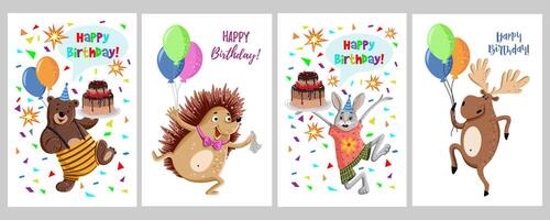 Set of cards with funny animals on white background. vector