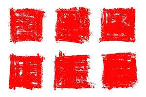 Set of six red grunge brush stroke squares on a white background. Perfect for abstract design, artistic textures, banners, stamps, frames, and creative graphic projects. vector