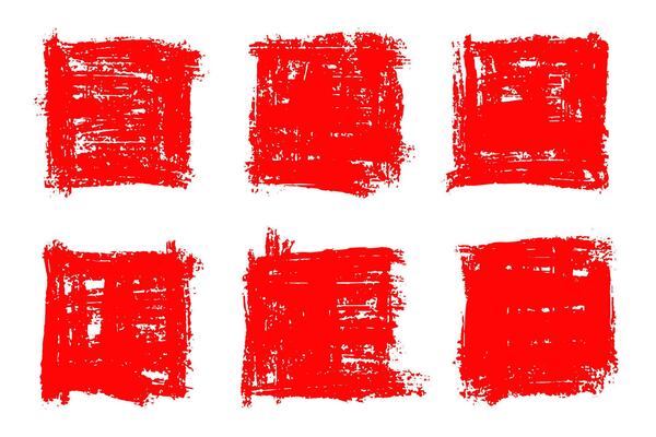 Set of six red grunge brush stroke squares on a white background. Perfect for abstract design, artistic textures, banners, stamps, frames, and creative graphic projects.