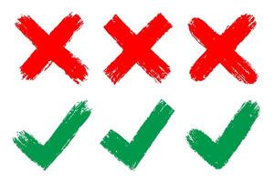 Set of a grunge illustration of check marks and cross signs in brush stroke style. The green checkmarks represent approval or correctness, while the red crosses symbolize errors or rejection. vector