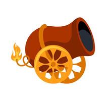 Ancient cannon shooting with lit fuse and golden wheels vector