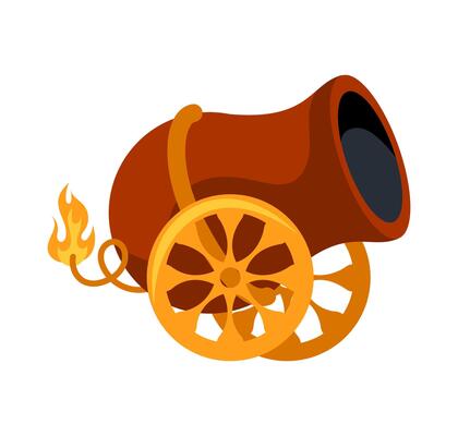 Ancient cannon shooting with lit fuse and golden wheels