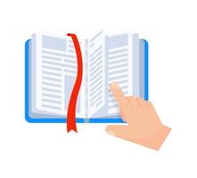 Hand pointing at open book with red bookmark, reading and studying concept vector