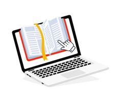 Hand cursor clicking on online book displayed on laptop screen, promoting online reading and digital library vector
