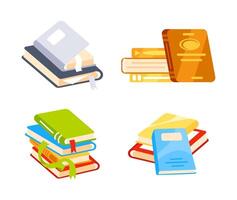 Set of colorful books with bookmarks lying on top of each other vector