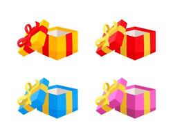 Four colorful open gift boxes with ribbons and bows are waiting for presents vector