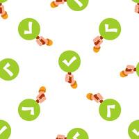 Hands holding green signs with check marks, seamless pattern background vector