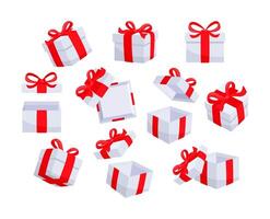 White gift boxes with red ribbons are floating and opening, revealing their empty inside vector