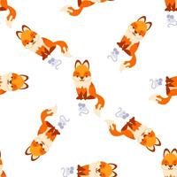 Seamless pattern with cute foxes and mice playing on white background vector