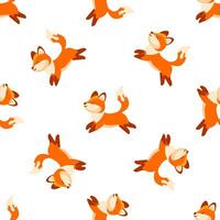 Cute Foxes Running and Jumping Seamless Pattern on White Background vector