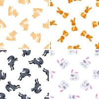 Seamless pattern with cute rabbits lying, sitting and jumping, in white, orange, beige and black vector