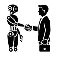 A black and white illustration of a man shaking hands with a robot vector