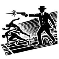 A man in a suit and hat is pointing a gun at a man on a track vector
